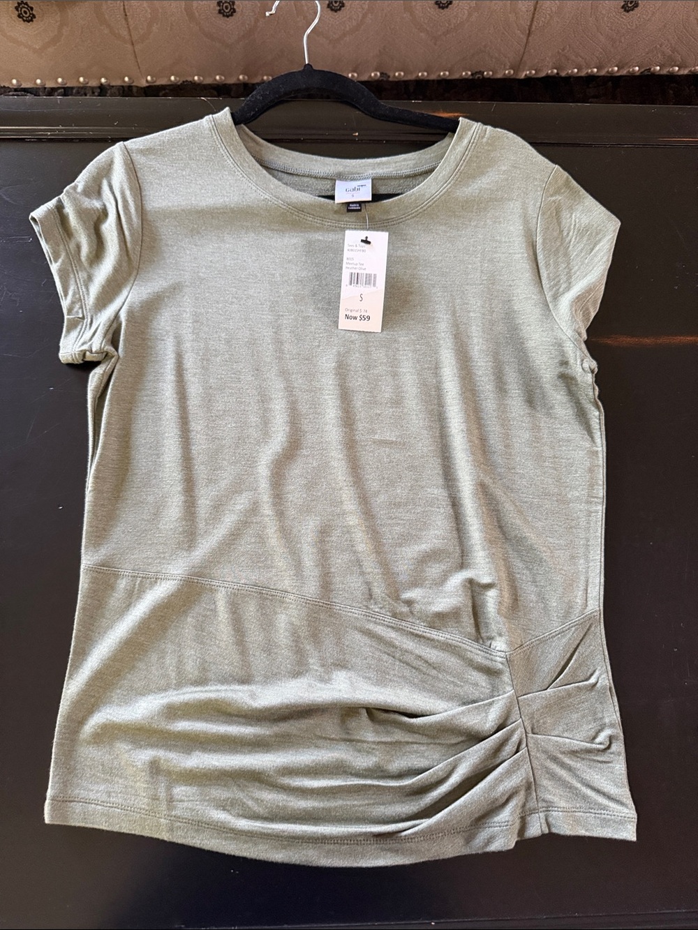 Cabi Cozy Casual Olive Green Short Sleeve Ruched Tee